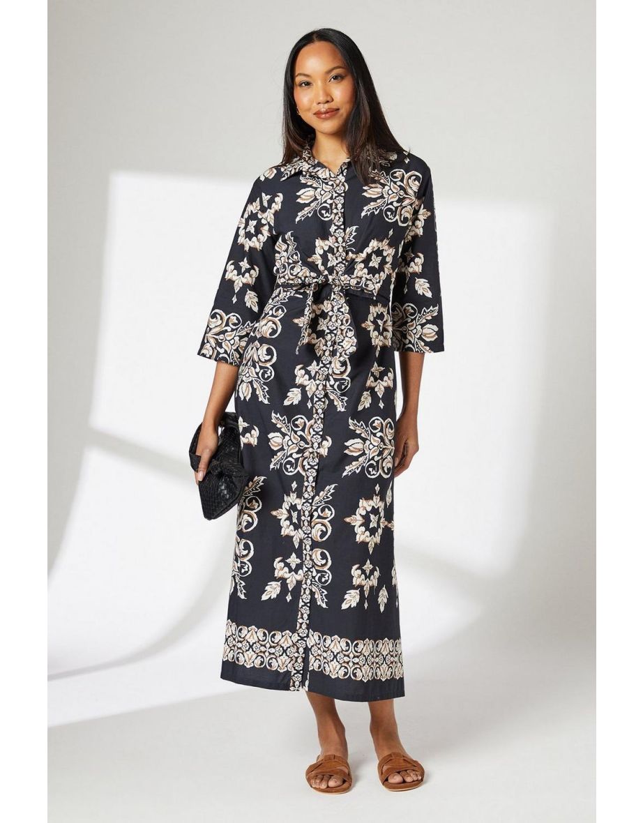 Black Tile Print Tie Front Midaxi Shirt Dress