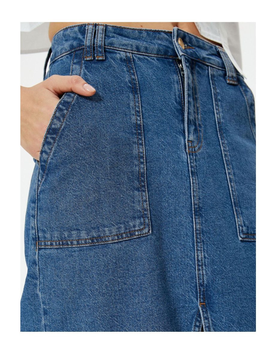 Long Denim Skirt Front Slit Detailed Pocket Cotton - 5