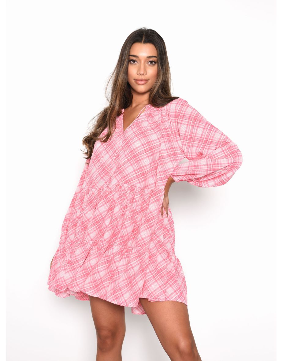 Shop Glamorous Pink Check Long Sleeve Smock Dress Online in Bahrain VogaCloset