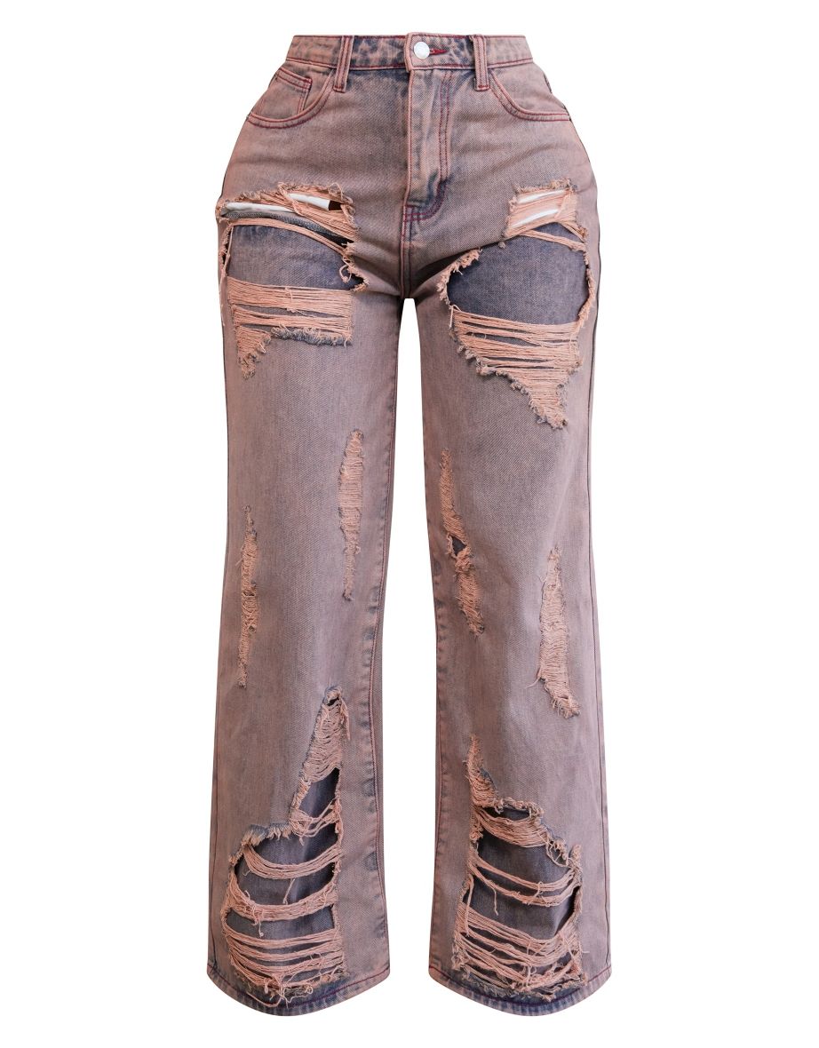 Shape Pink Denim Washed Ripped Wide Leg Jeans - 4