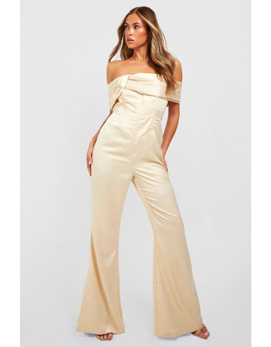 Satin Bardot Corset Detail Jumpsuit - champagne
