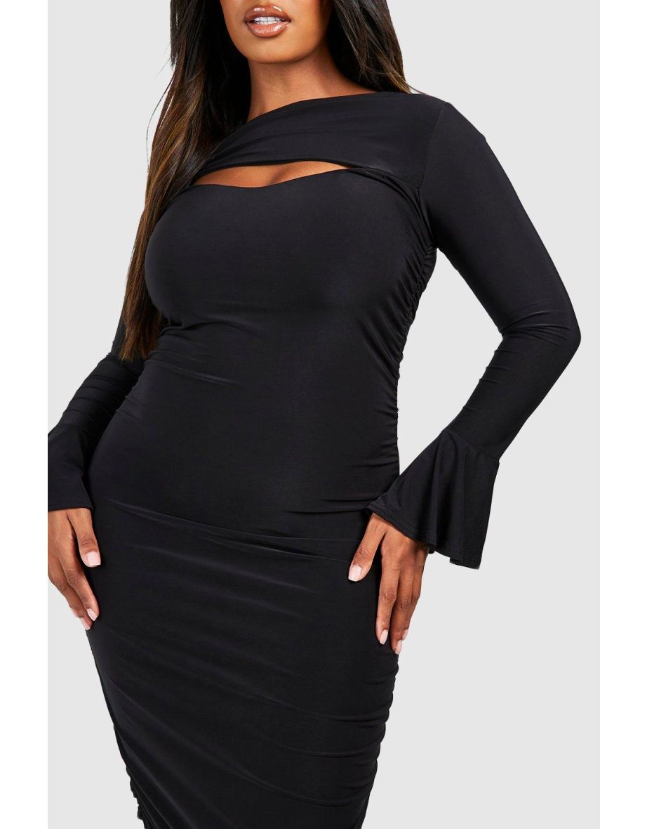 Plus Double Slinky Ruched  Fared Cuff Maxi Dress - black - 3