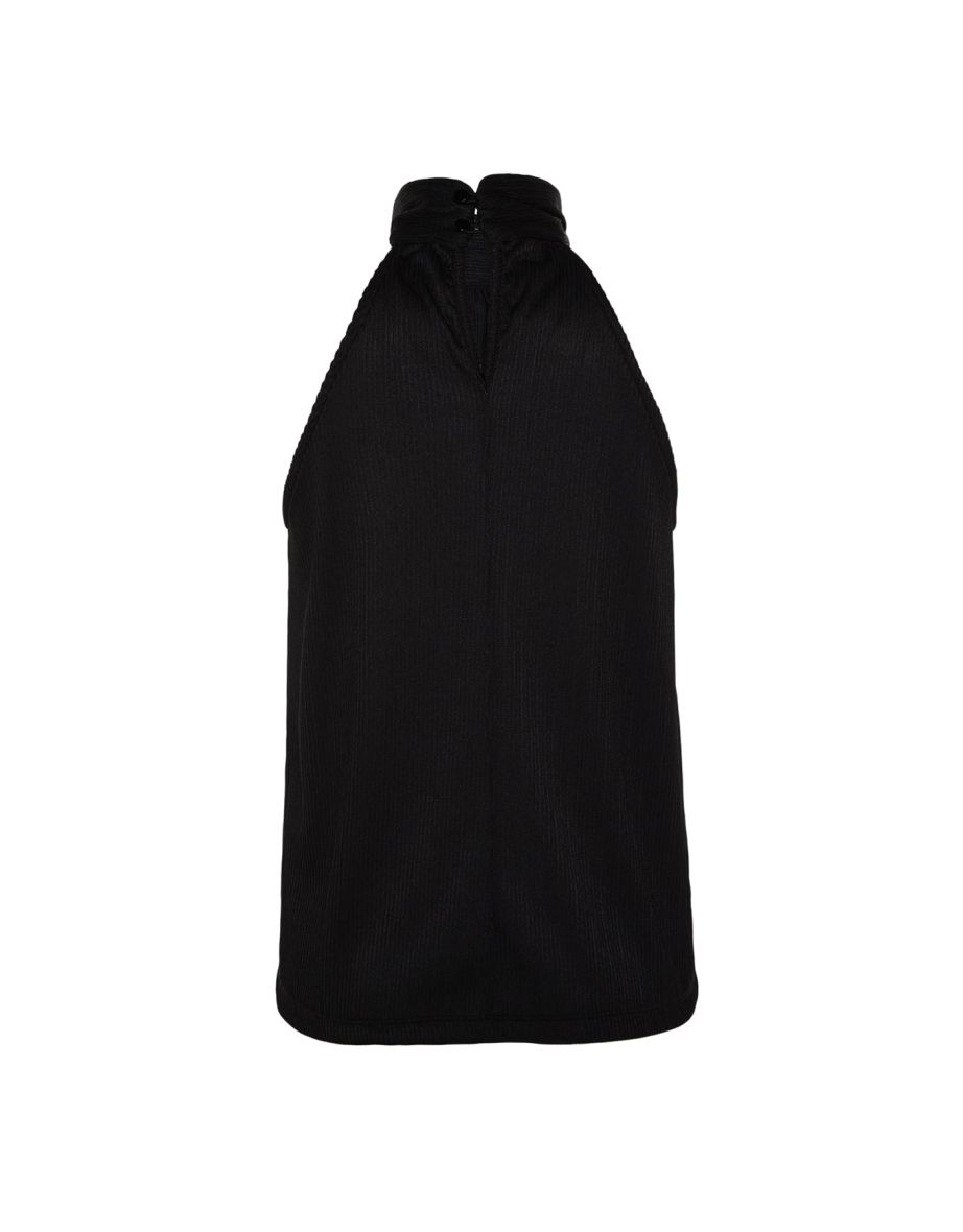 Black Stand Up Collar Pleated Knitted Blouse - 7