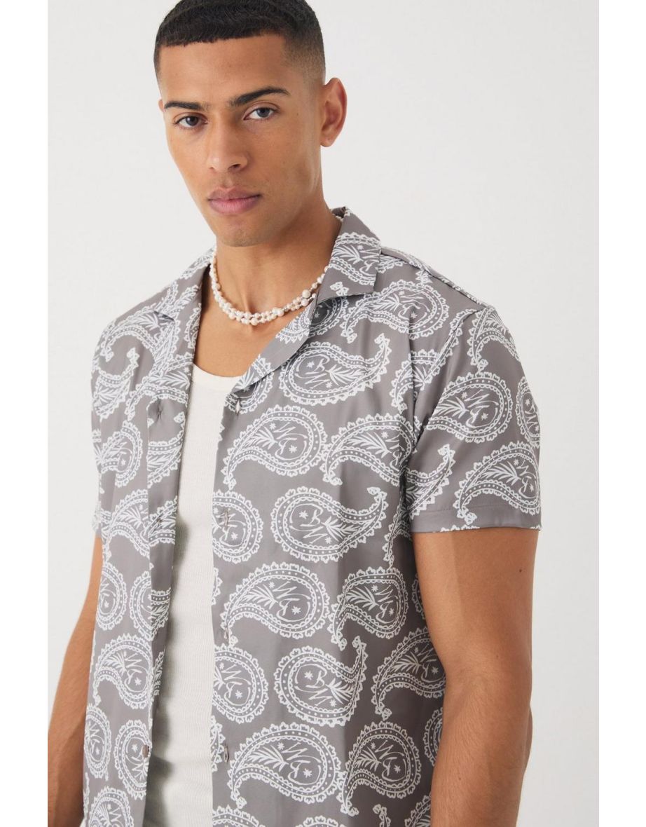 Short Sleeve Satin Mini Paisley Shirt & Short - stone - 2