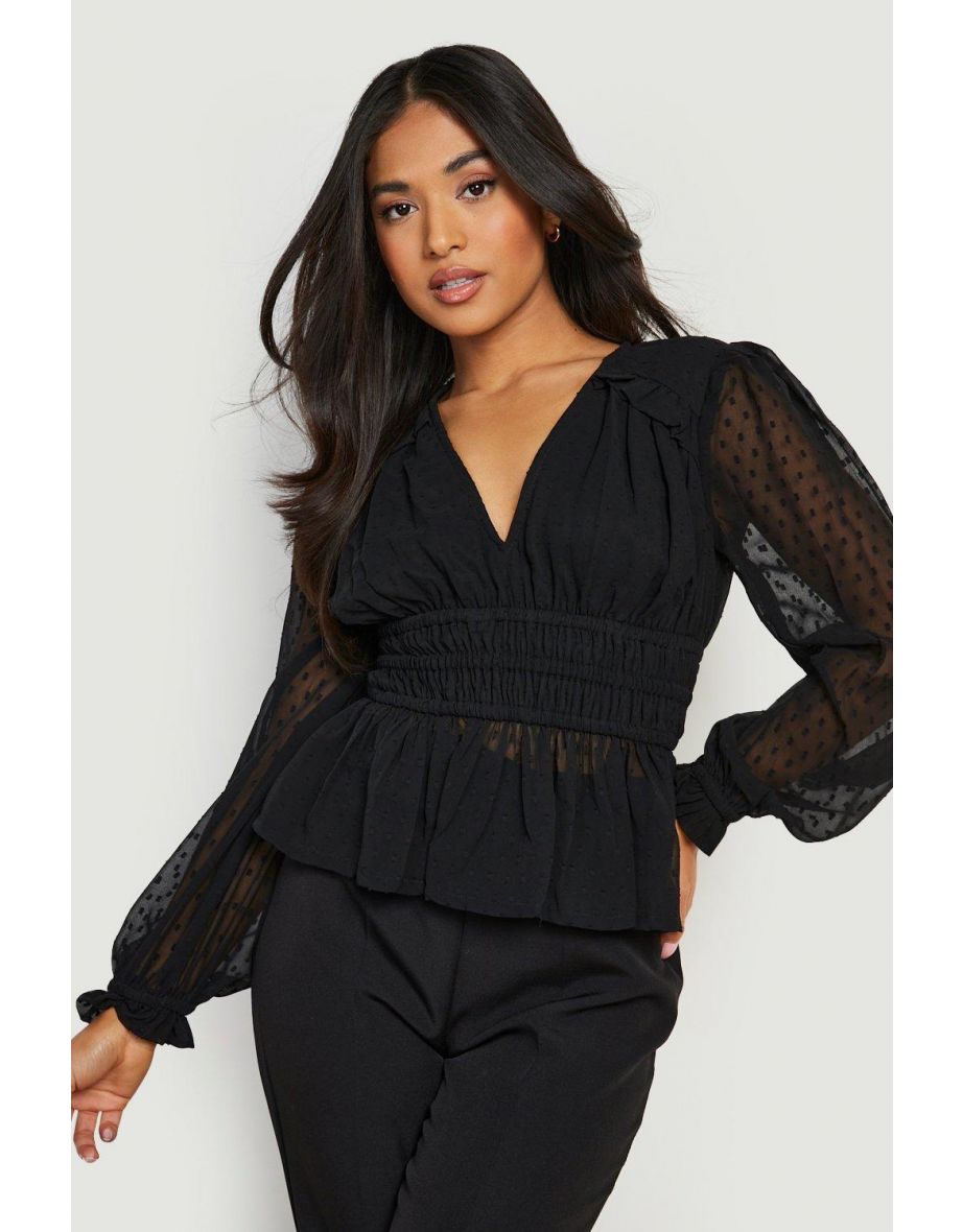 Petite Dobby Mesh Volume Sleeve Blouse - black