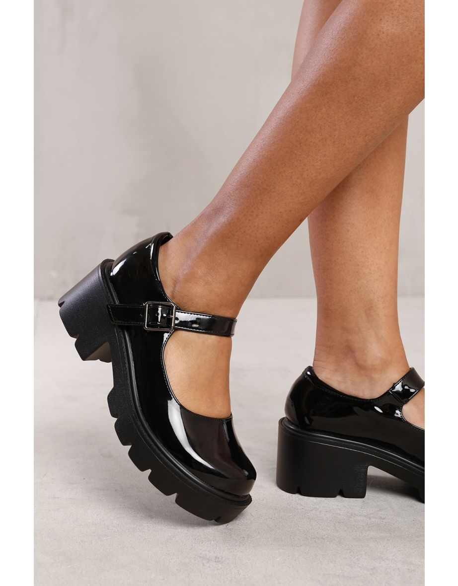 FIONNA CHUNKY PLATFORM BLOCK HEEL RETRO SHOES IN BLACK PATENT