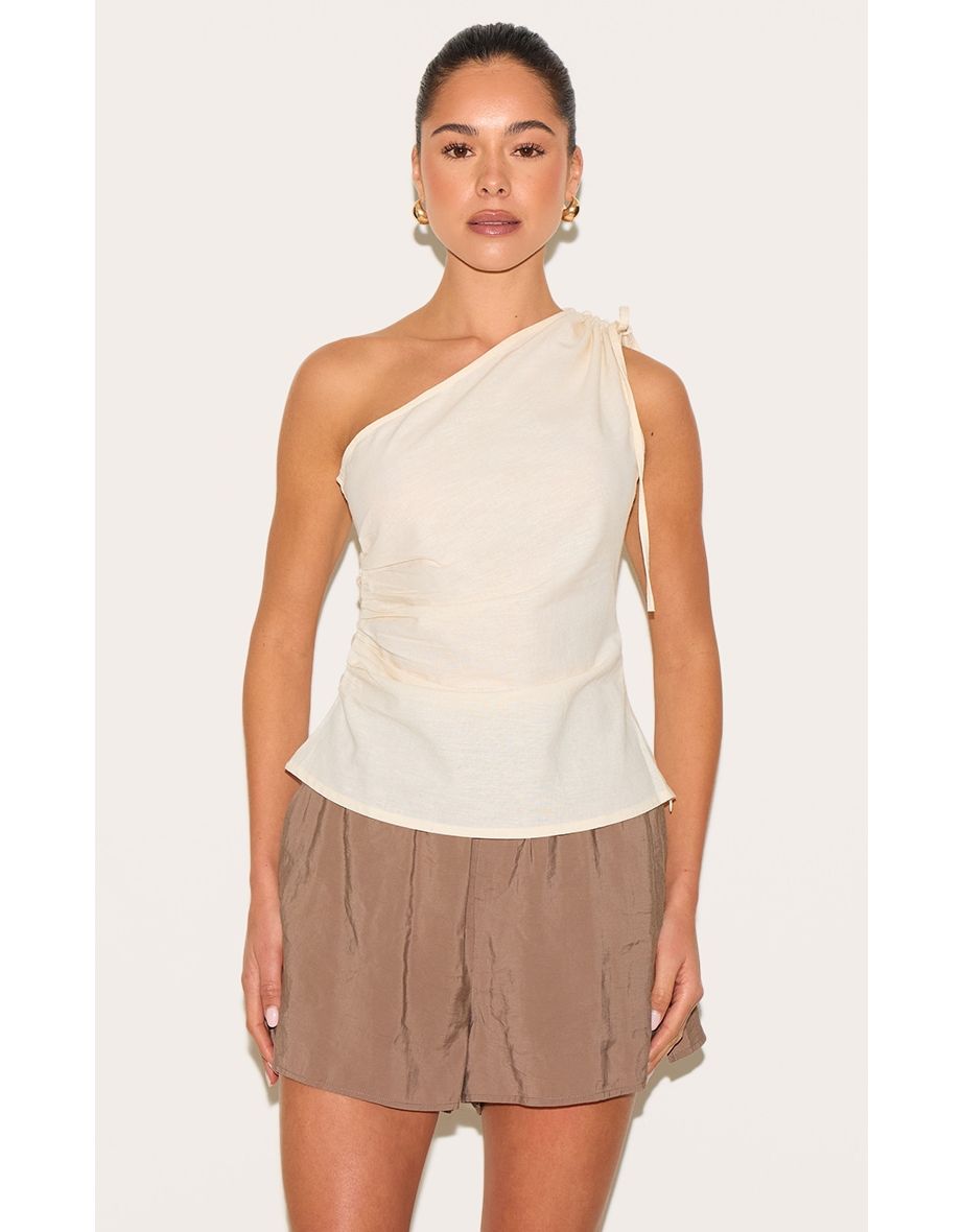 Beige Lightweight Woven Ruched Asymmetric Long Top