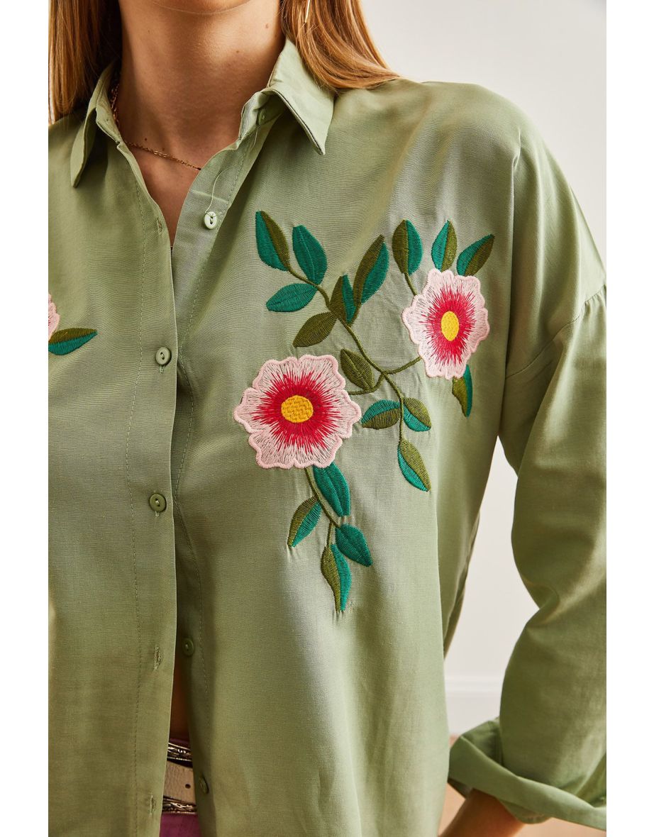Women's Azalea Mold Green Embroidery Detailed Oversize Woven Shirt - 6