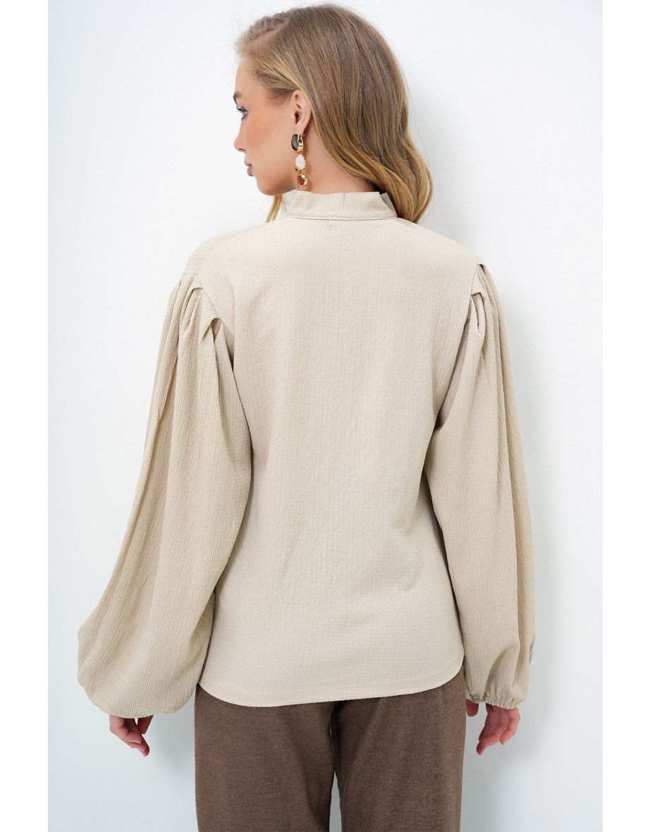 Women's Beige Judge Collar Front Buttoned Balloon Sleeve Textured Shirt Blouse - 5