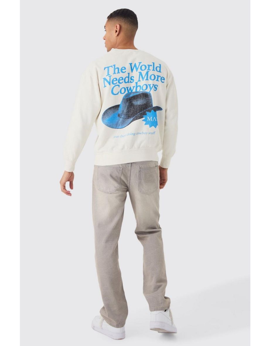 Retro Western Cowboy Hat Graphic Washed Sweatshirt - ecru - 2