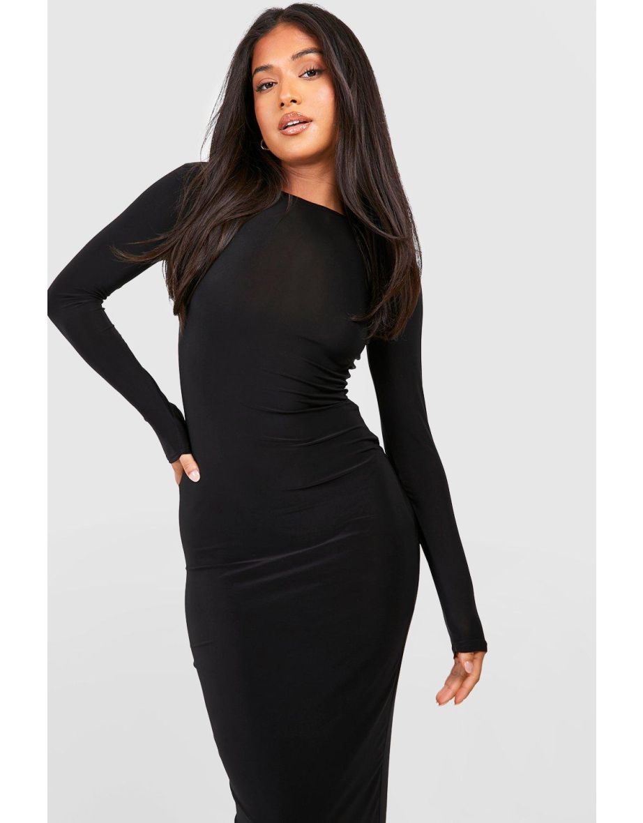 Petite Slinky Scoop Neck Long Sleeve Maxi Dress - black - 3