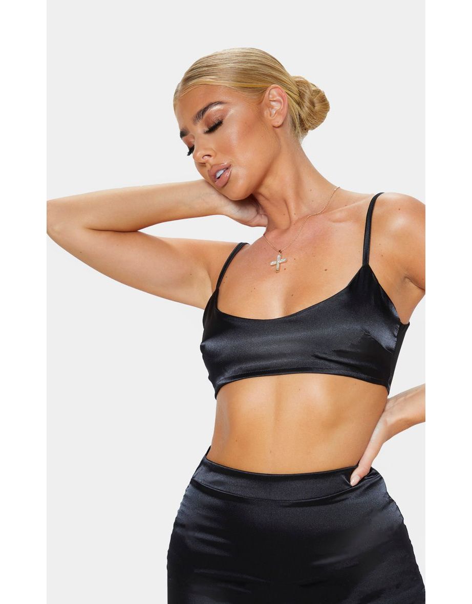 Black Satin Scoop Neck Cropped Top - 4