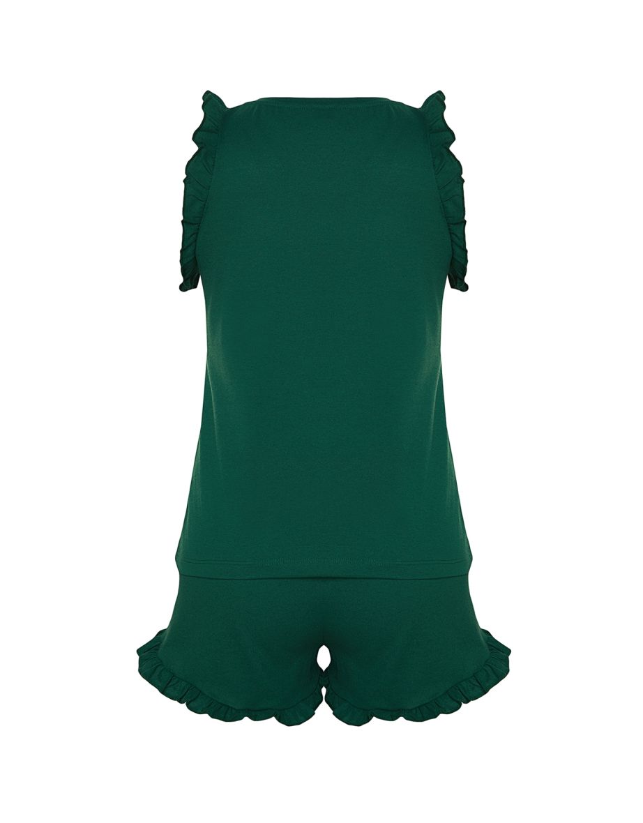 Emerald Green 100% Cotton Ruffle Detailed Tank Top-Shorts Knitted Pajama Set - 7