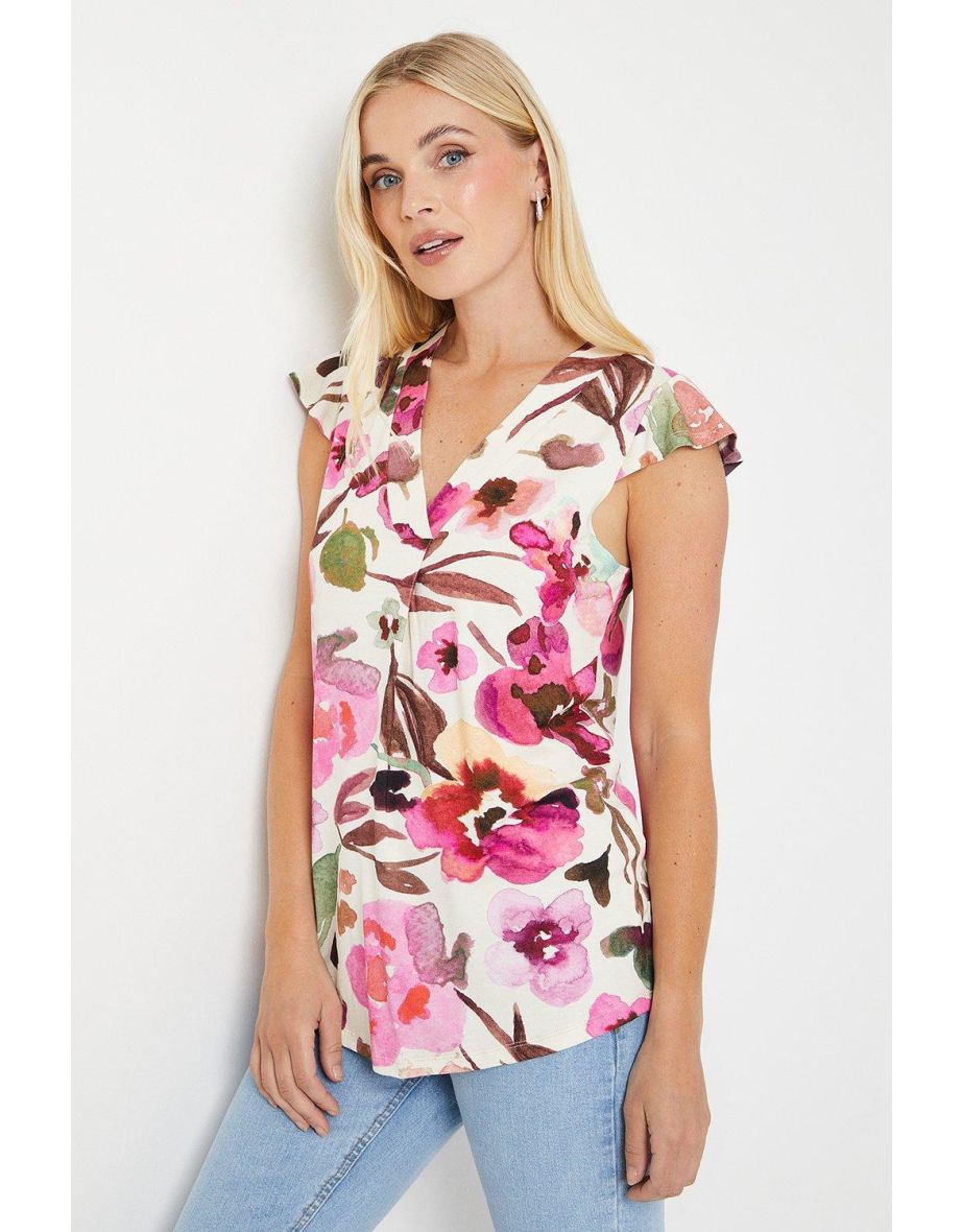 Petite Pink Floral Jersey Sleeveless Frill Top