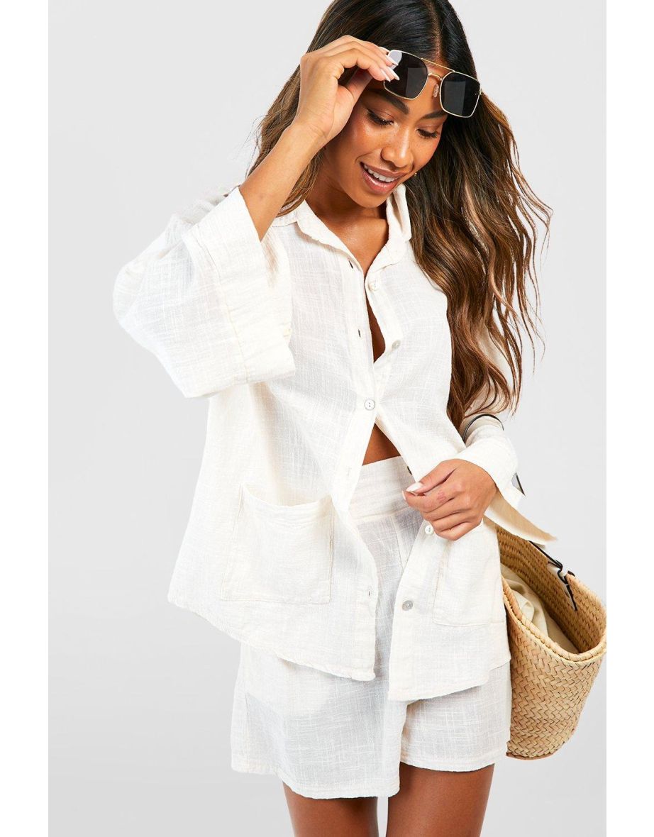 Textured Lightweight Cotton Oversized Shirt - cream