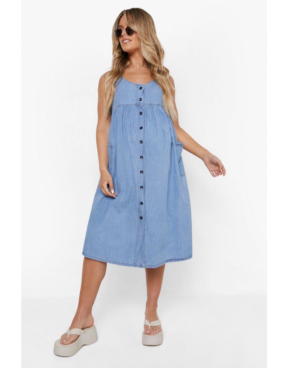 Maternity Button Front Chambray Midi Dress - light blue