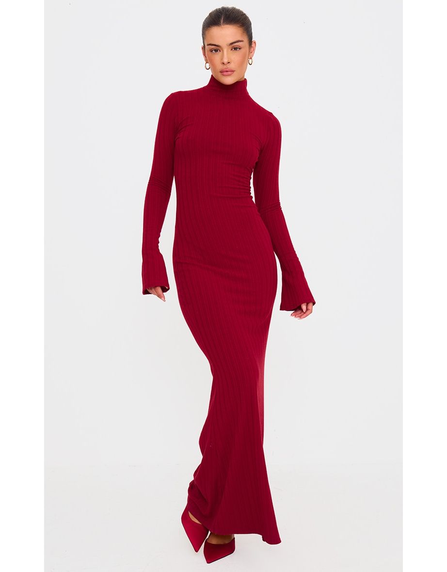 Burgundy Rib High Neck Long Sleeve Dress
