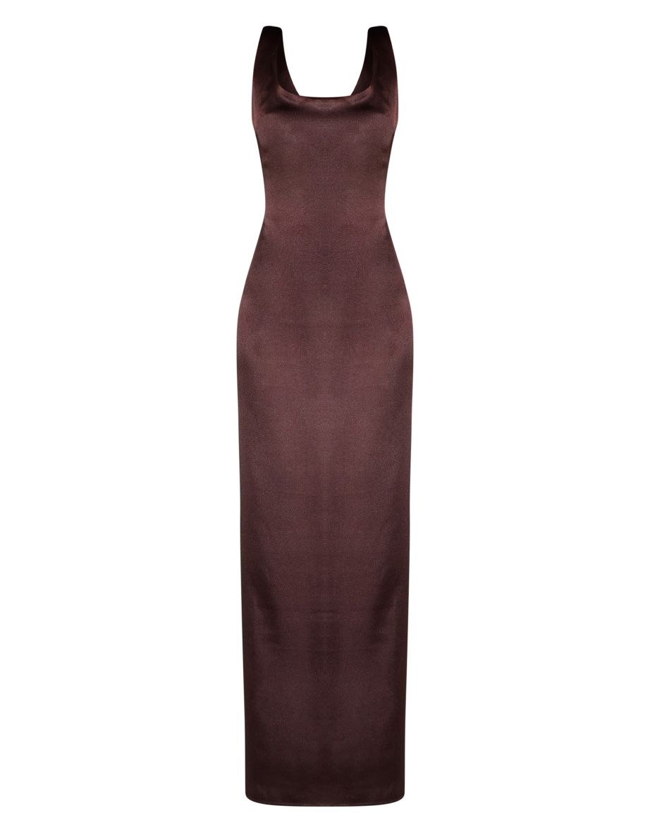 Chocolate Satin Scoop Neck Maxi Dress - 4