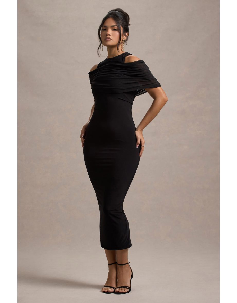 Lupine | Black Mesh Bardot Bodycon Midi Dress - 5