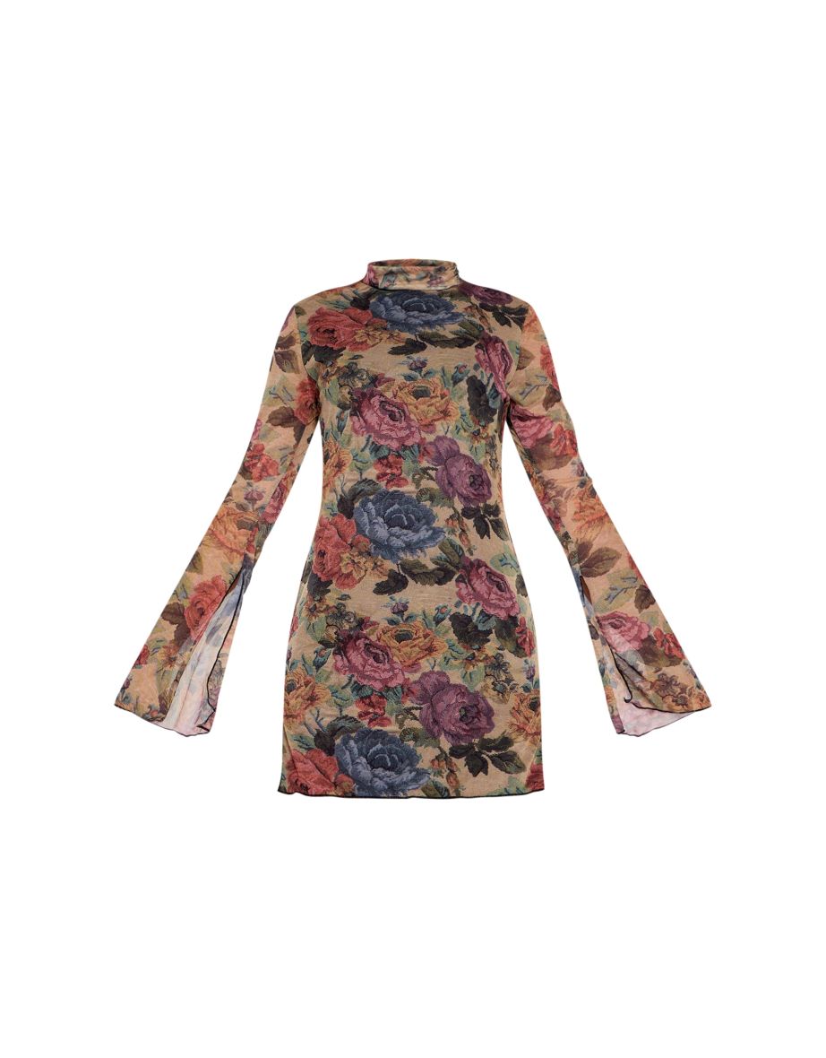 Brown Floral Print High Neck Flared Sleeve Shift Dress - 4