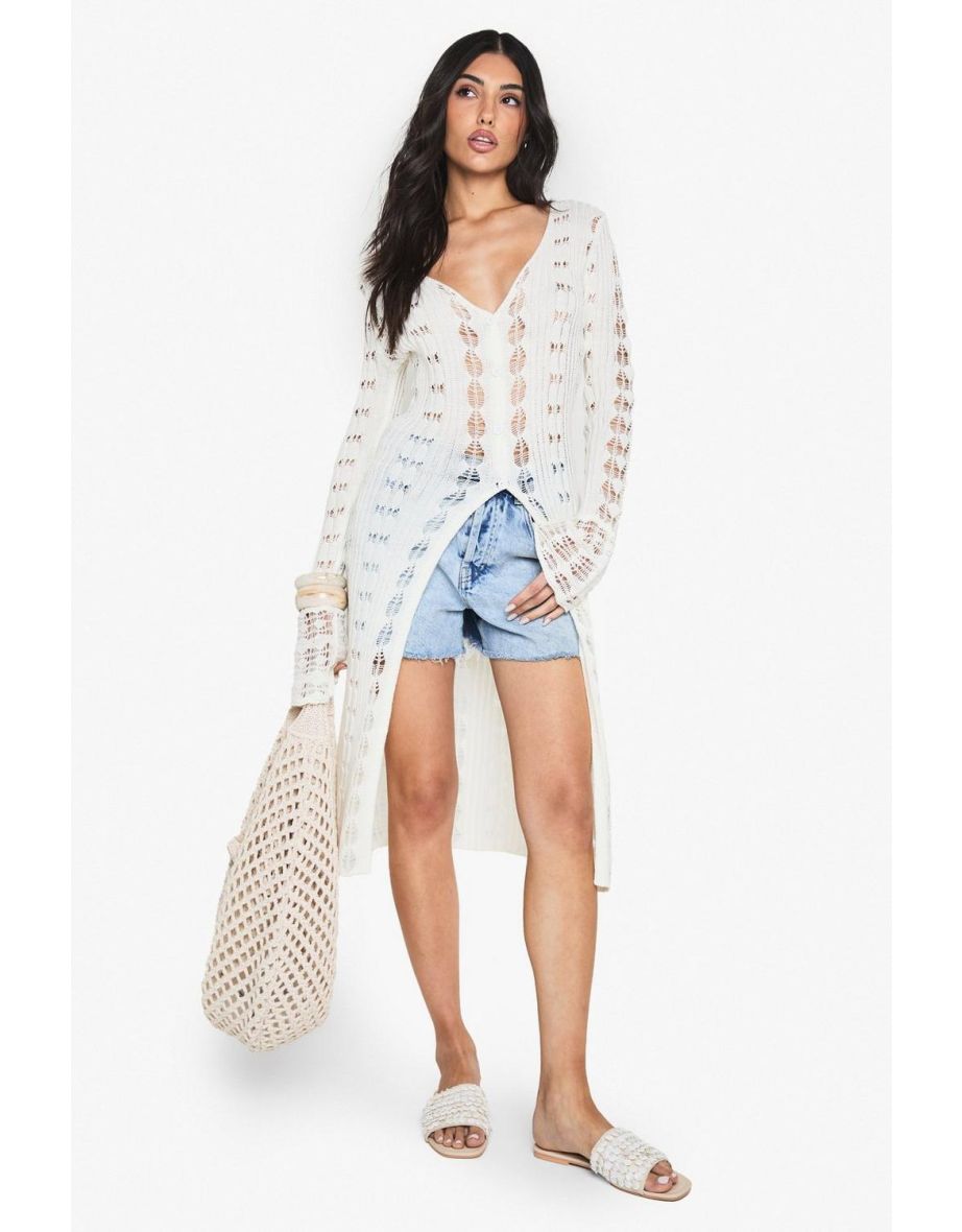 Crochet Frill Sleeve Maxi Cardigan - cream