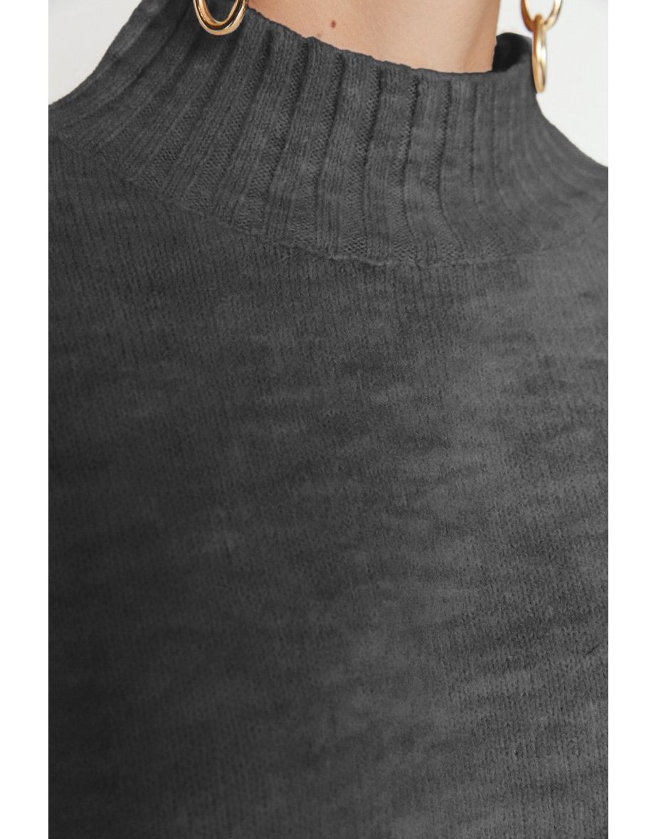 Anthracite Wide Pattern Soft Texture Basic Knitwear Sweater - 4
