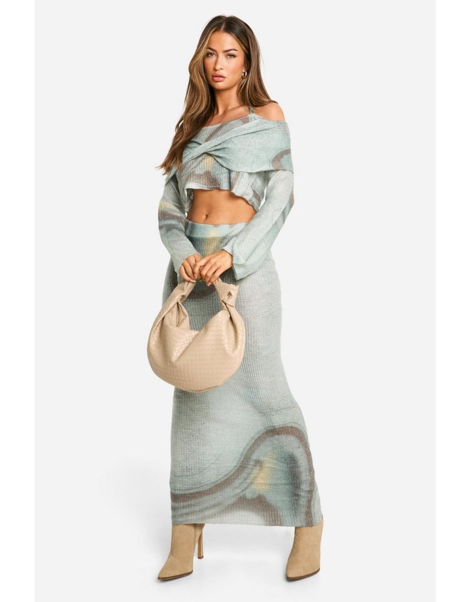 Premium Knitted Abstract Print Bardot Top & Skirt Co-ord - multi