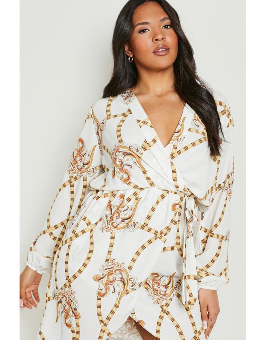 Plus Chain Mixed Print Wrap Dress - white - 3