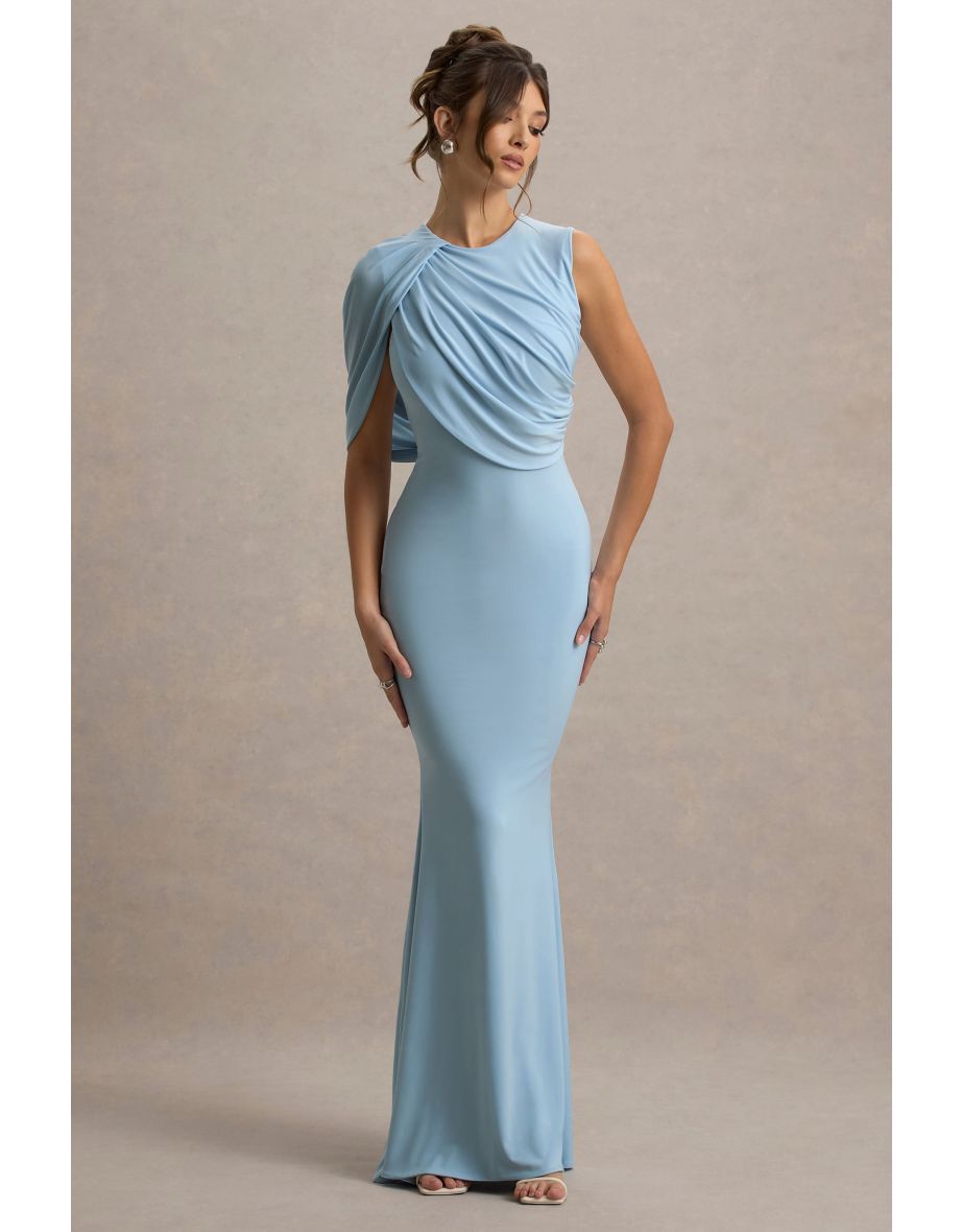 Rae | Powder Blue Maxi Dress With One-Sleeve Cape