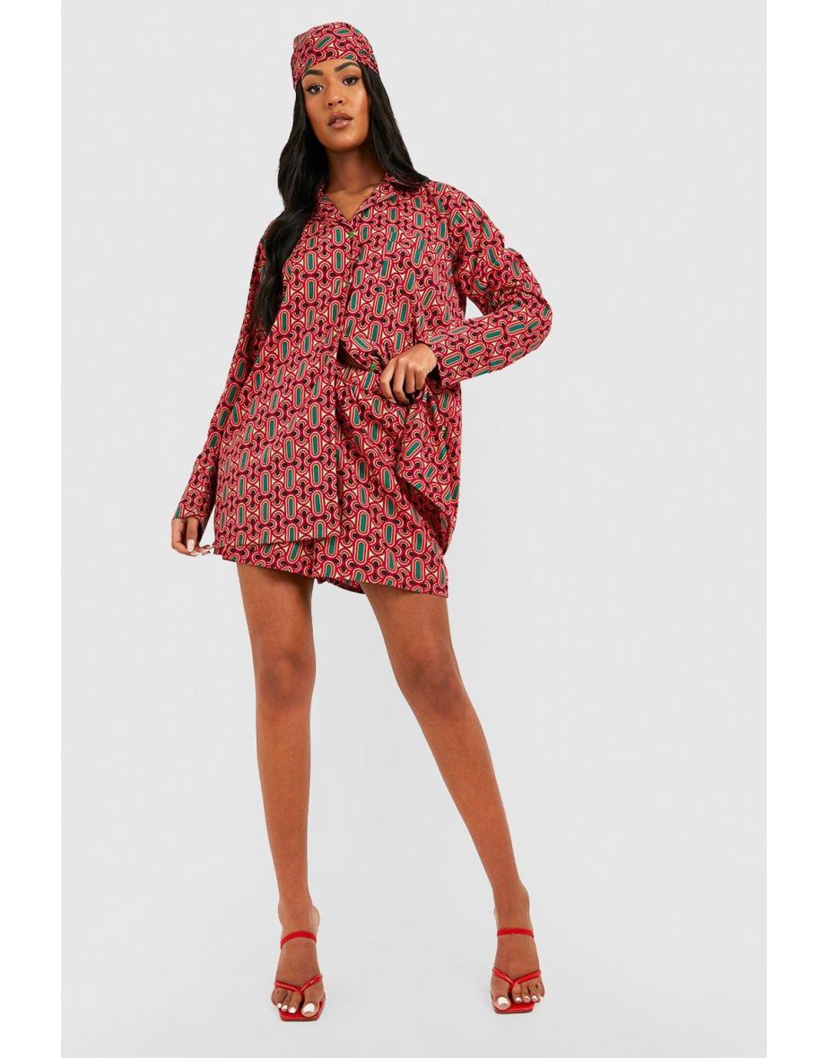Tall Retro Print Oversized Shirt & Headscarf - green