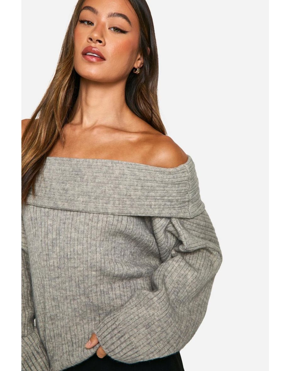 Tall Ribbed Bardot Knitted Jumper - grey - 3