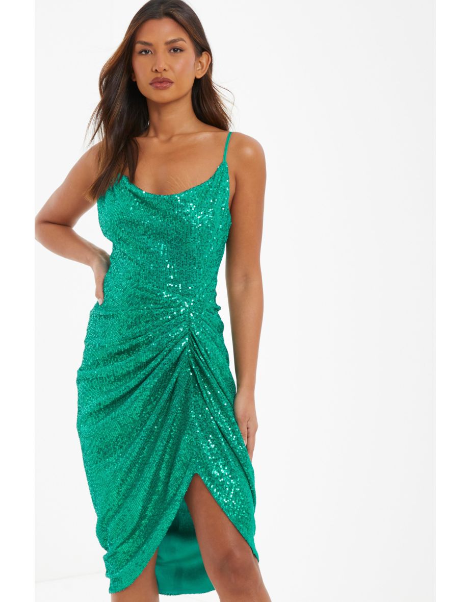 Jade Green Sequin Ruched Dress