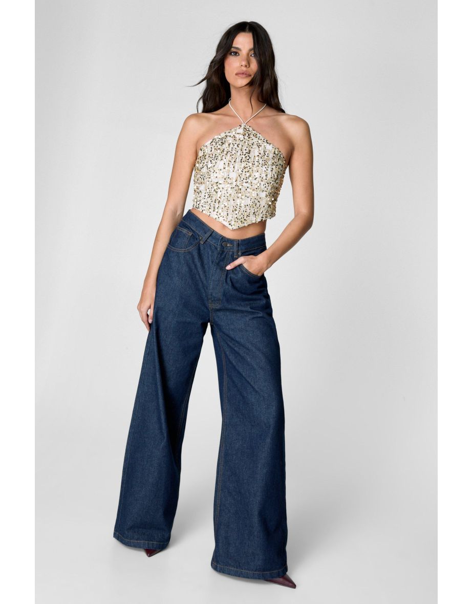 Check Sequin Halter Neck Crop Top