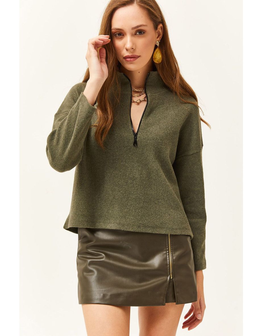 Women's Khaki Zipper High Neck Raised Sweater