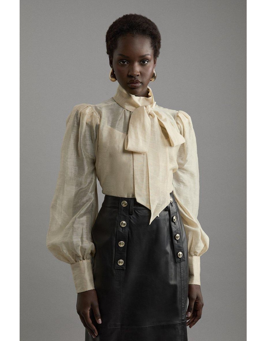 Linen Blend Organdie Woven Bow Blouse