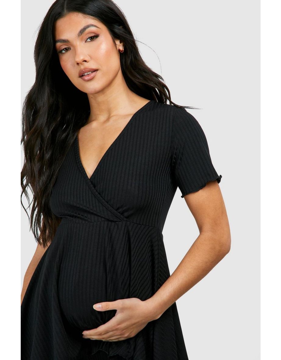 Maternity Rib Peplum Top Wide Leg Lounge Set - black - 3