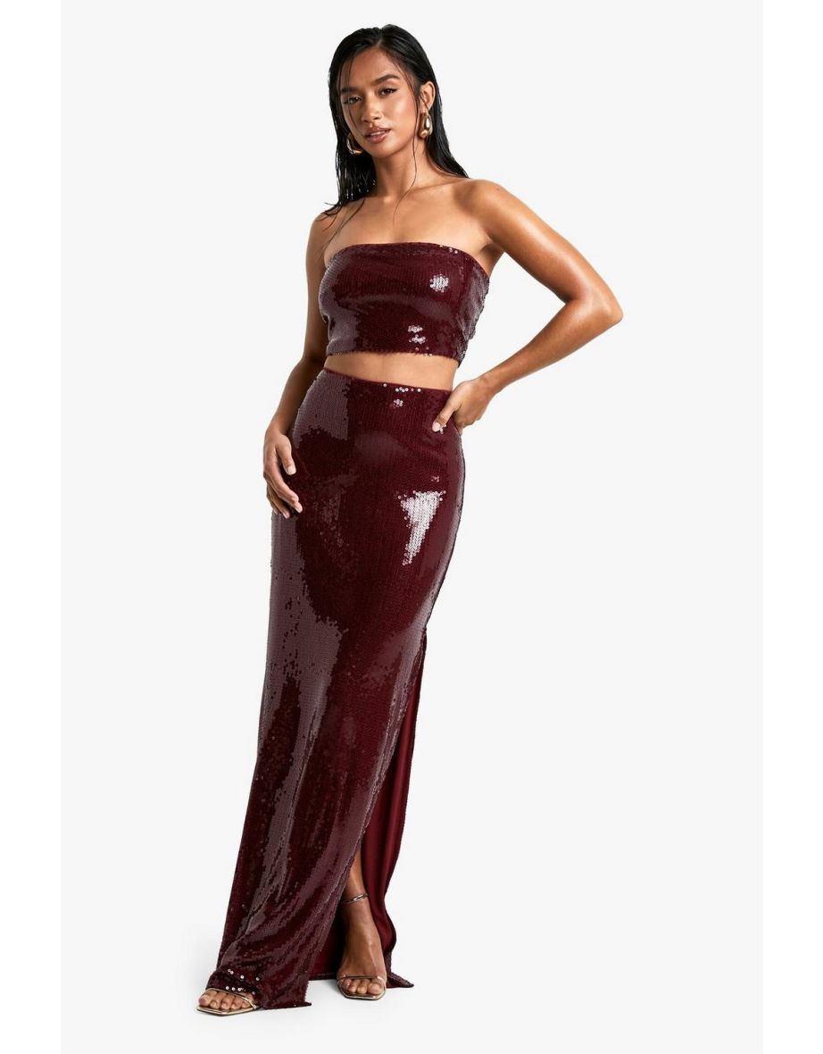 Petite Sequin Bandeau And Maxi Skirt Co-ord - red