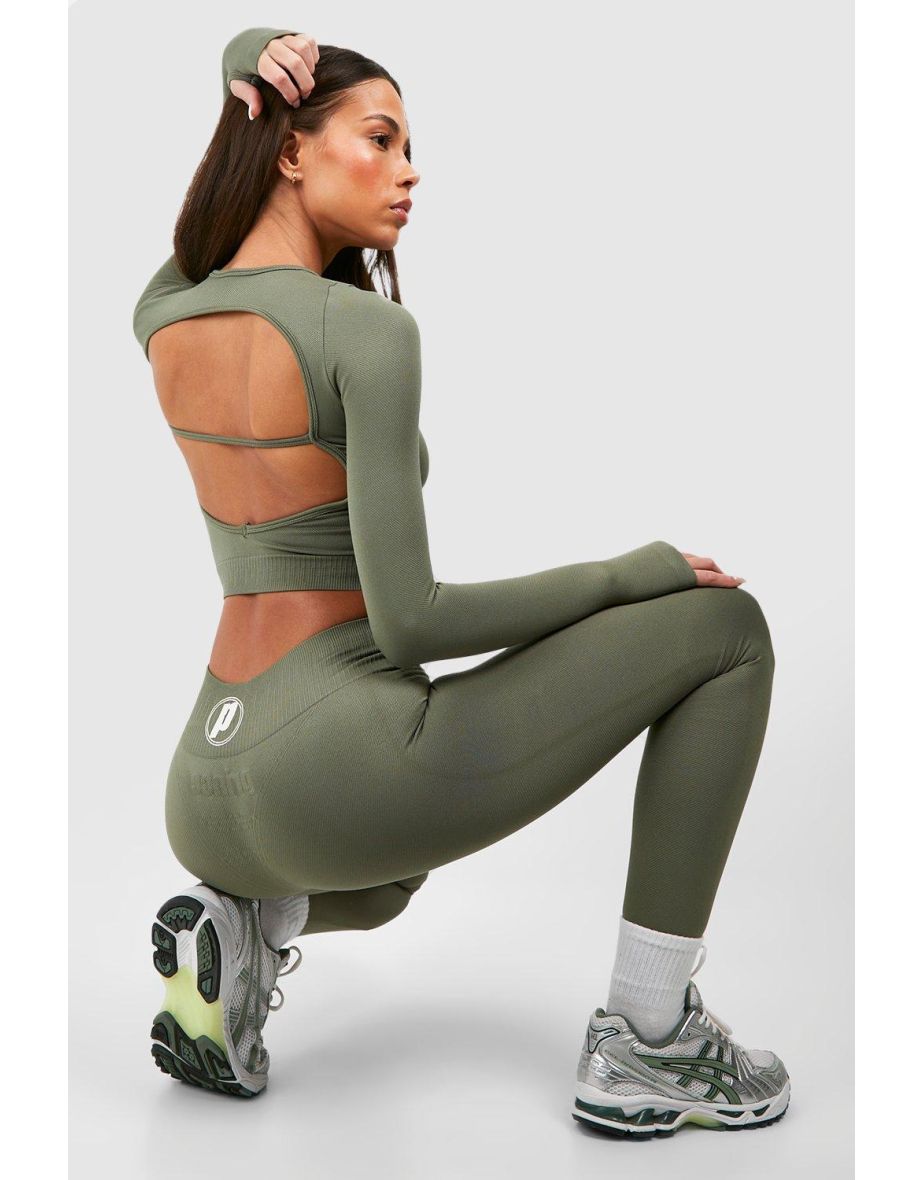 Prince Seamless Open Back Long Sleeve Active Top - khaki - 3