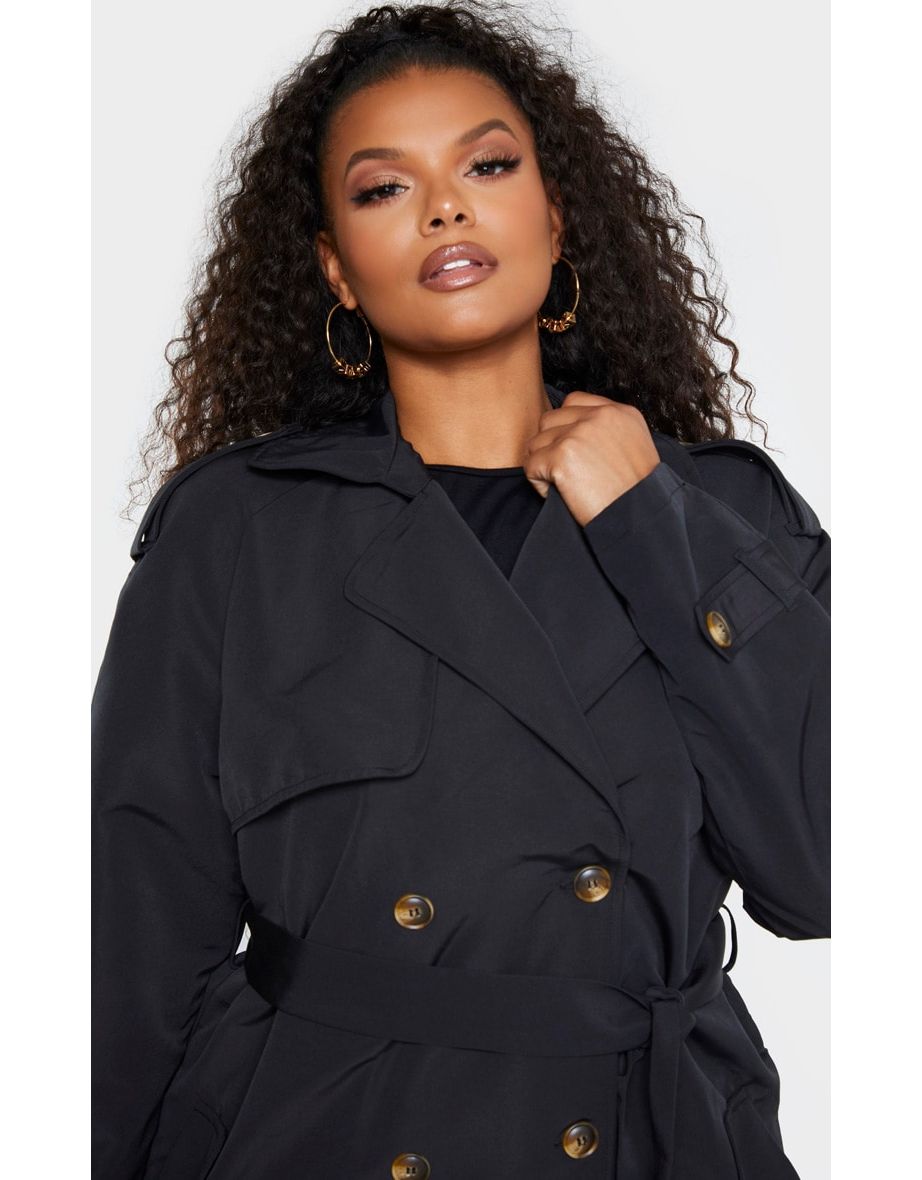 Plus Black Oversized Button Down Trench Coat - 4