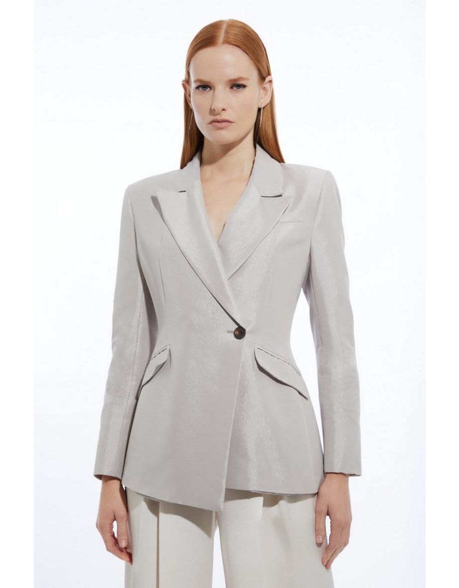 Fluid Tailored Metallic Asymmetric Wrap Blazer