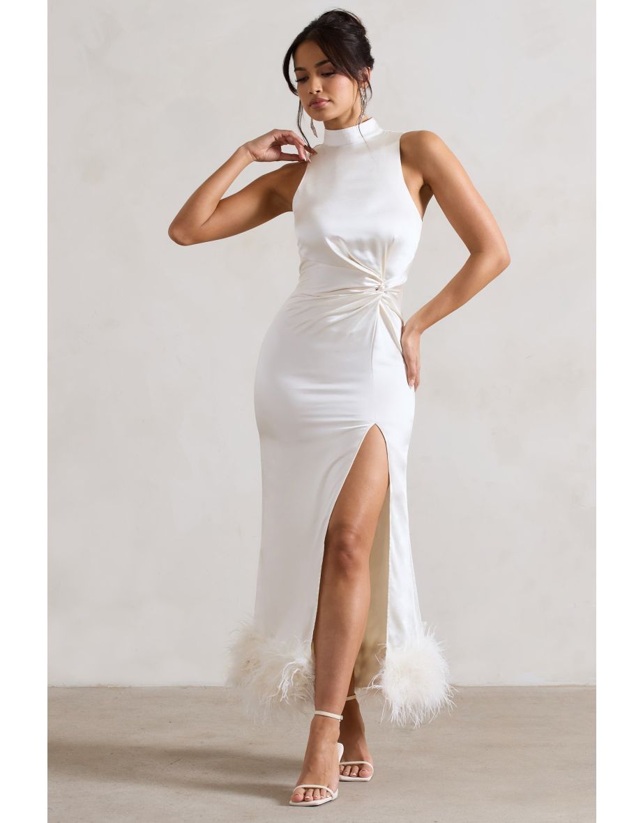 Zoe | Cream Satin Twist Split Maxi Dress With Feather Trim