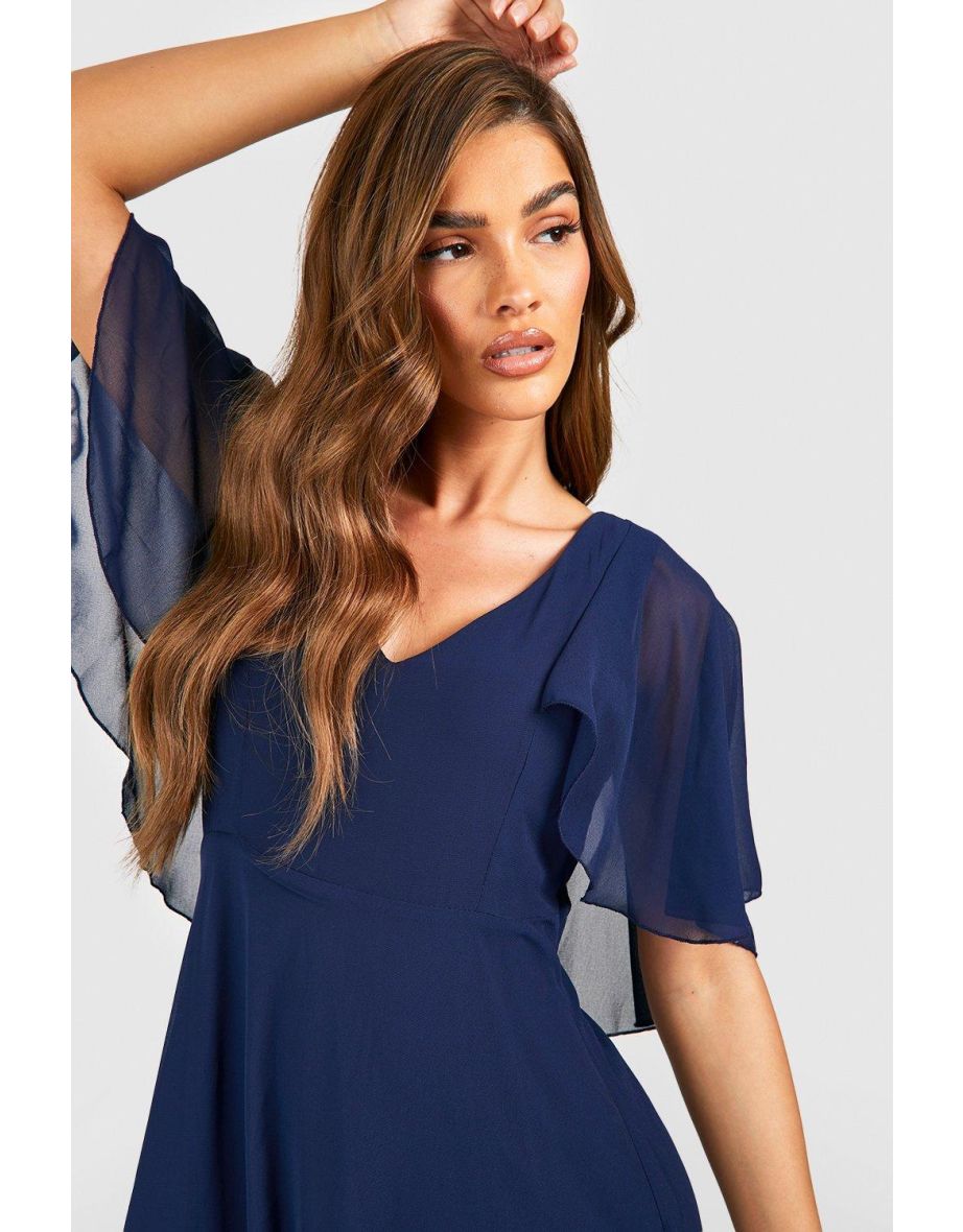 Chiffon Cape Sleeve Maxi Bridesmaid Dress - navy - 3
