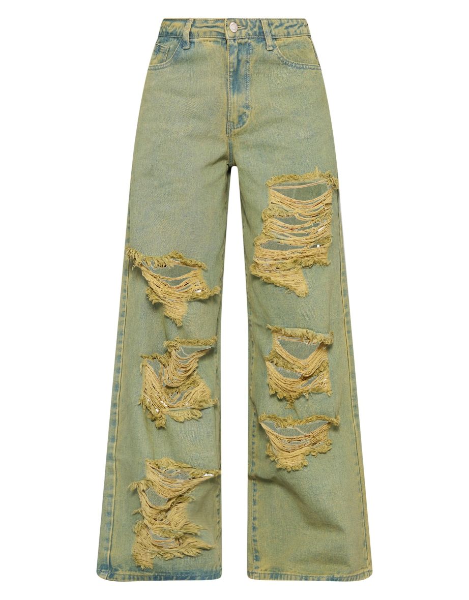 Vintage Wash Green Tint Distressed Extreme Wide Leg Jeans - 4