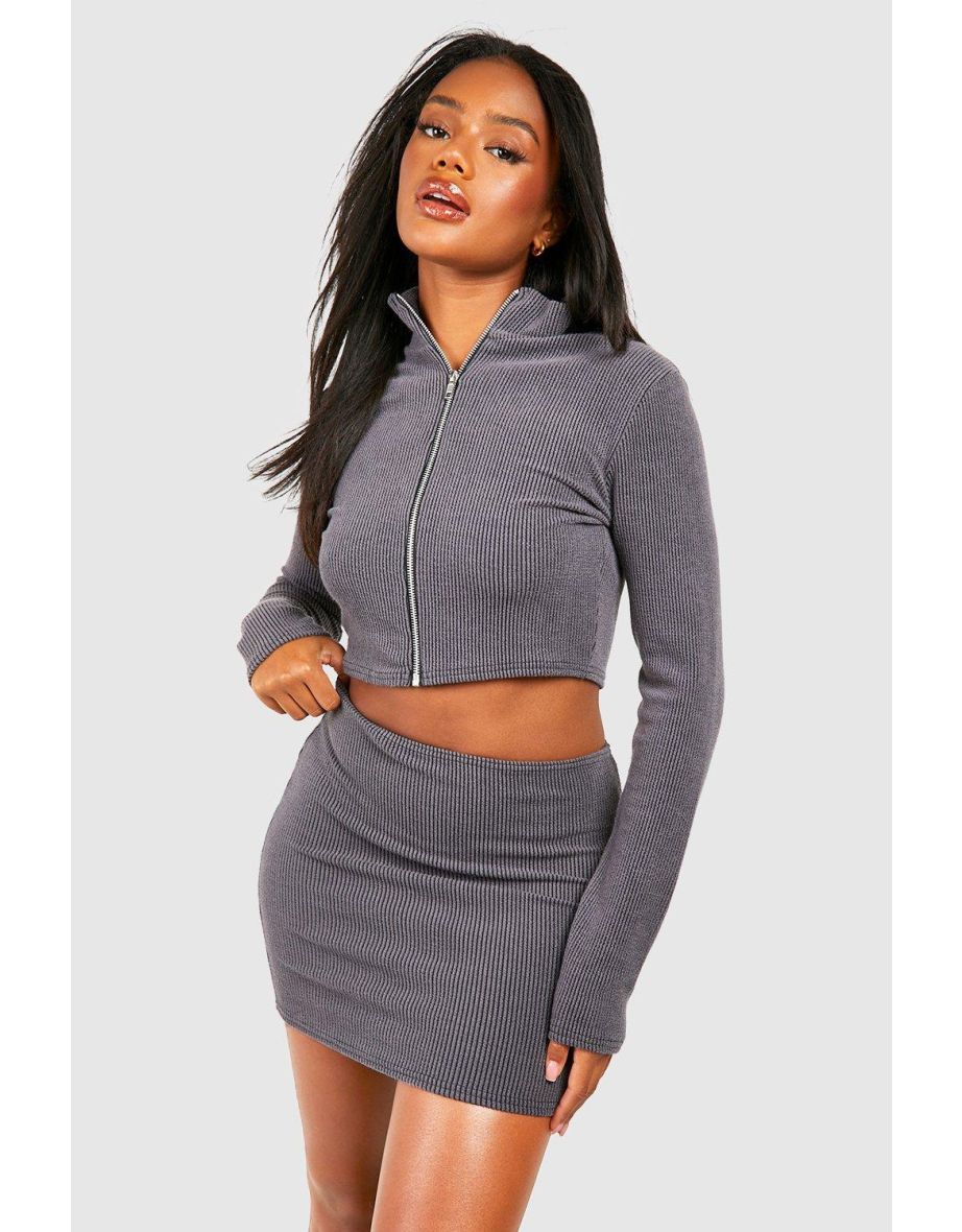 Shop 2 Tone Rib Zip Front Top Micro Mini Skirt charcoal Online in Oman VogaCloset