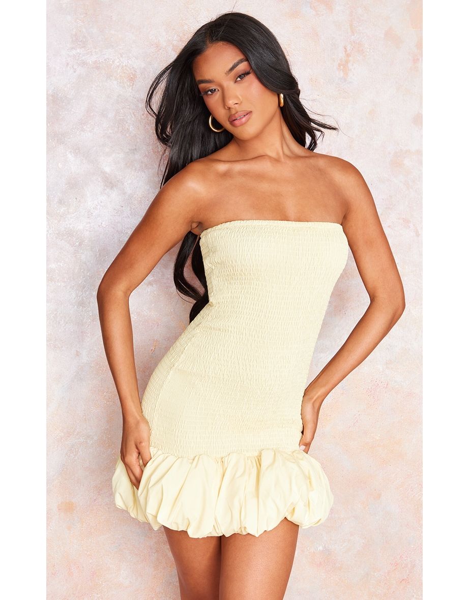 Lemon Shirred Bandeau Bodycon Dress