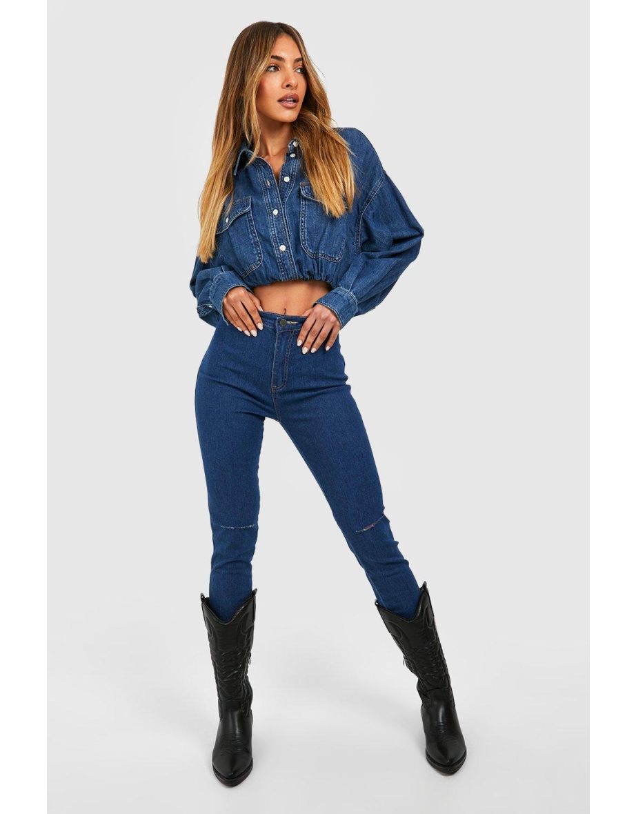 High Rise 5 Pocket Rip Knee Skinny Jean - indigo
