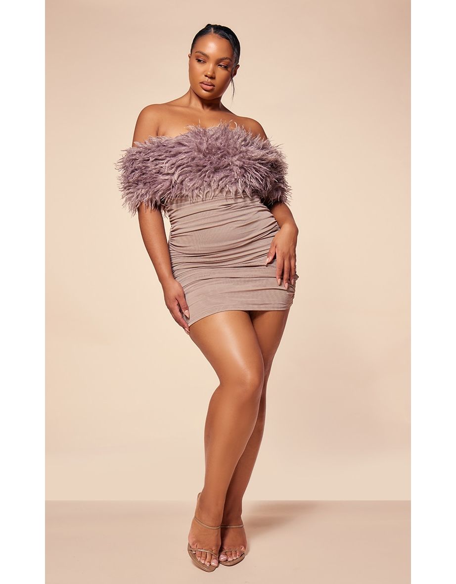 PLT Label Plus Taupe Bandage Mesh Faux Shearling Bardot Ruched Bodycon Dress