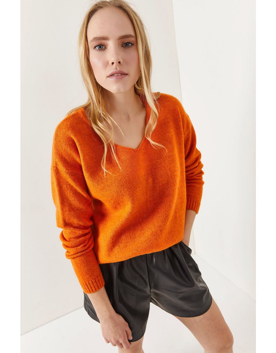 Orange v neck sweater women's best sale