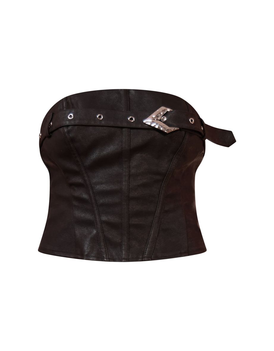 Washed Black Faux Leather Belt Detail Corset - 4