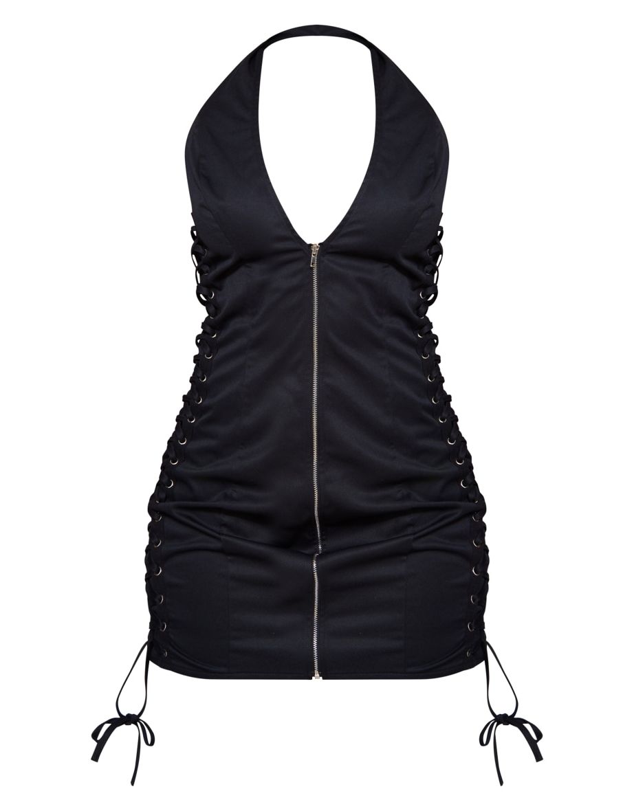 Black Lace Up Side Zip Front Bodycon Dress - 4